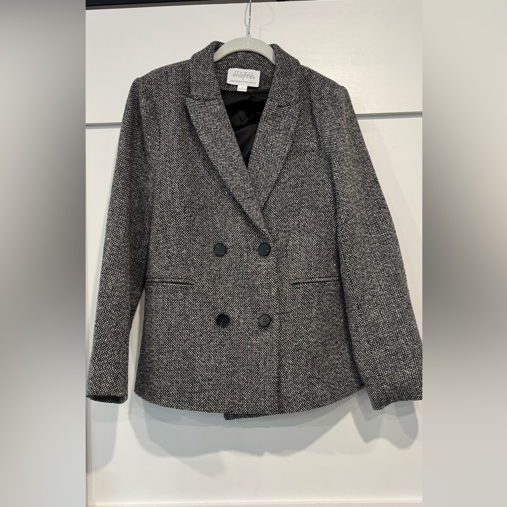 Anthropologie Gray Herringbone Double-Breasted Blazer